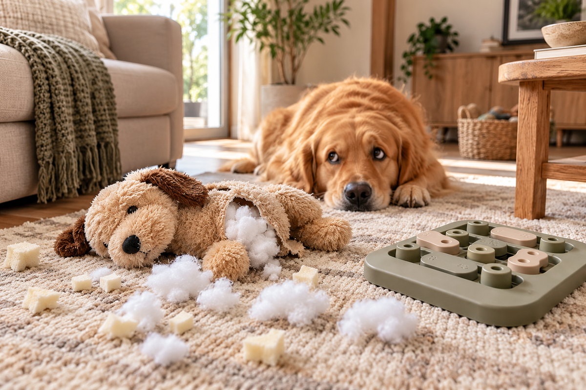 Restless dog asking a busy owner for attention beside ignored toys