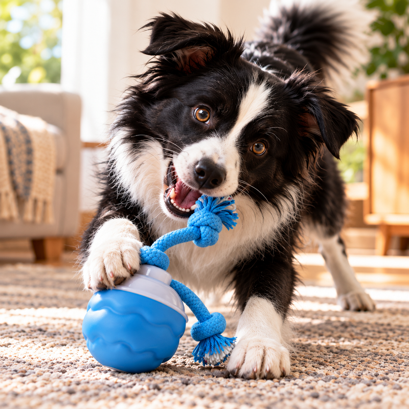 Joyful Border Collie proudly tugging and solving the Dogtopus treat puzzle during supervised play