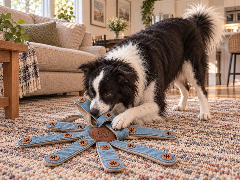 The same black and white Border Collie from a different side angle, playfully investigating soft Dogtopus arms