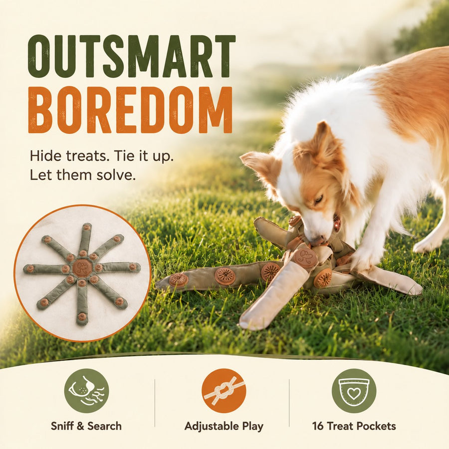 Dog enjoying a Dogtopus treat hunt outdoors, showing the open fabric-arm toy and its Virelune dog logo