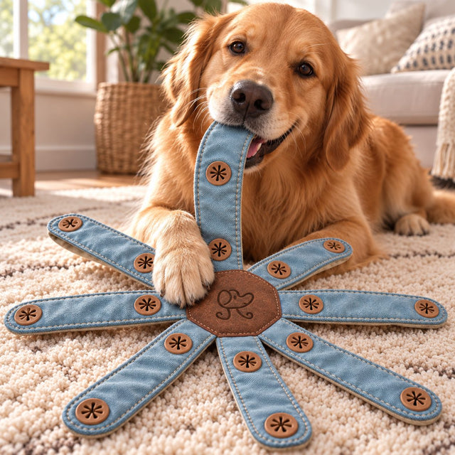 Golden retriever holding a soft LuckySong® arm