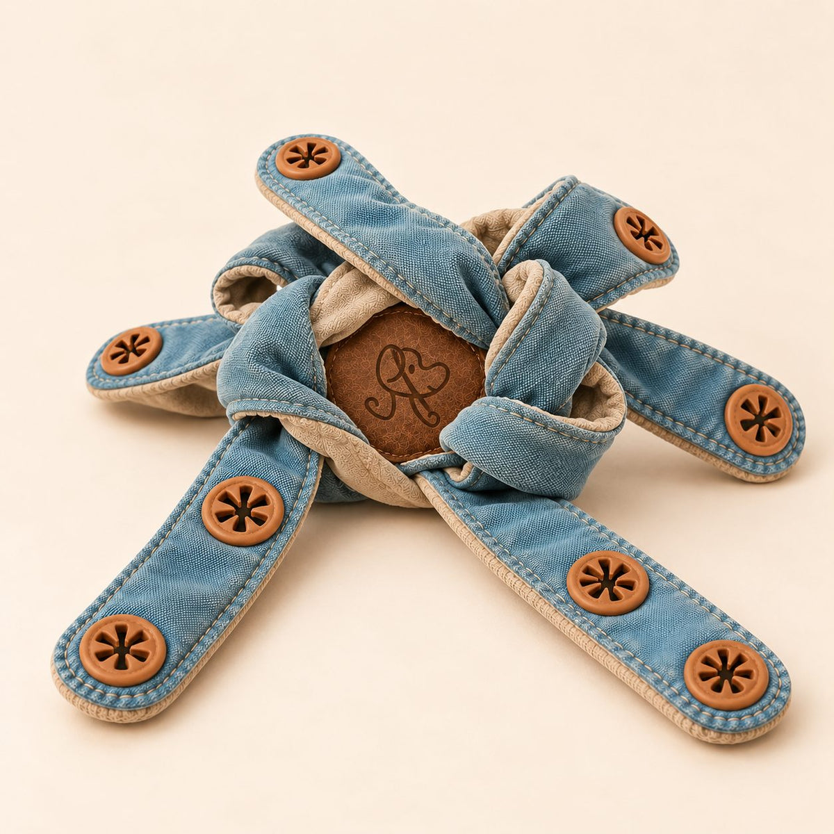 Loosely tied Dogtopus fabric arms with small treat openings and the Virelune dog logo on the brown center patch