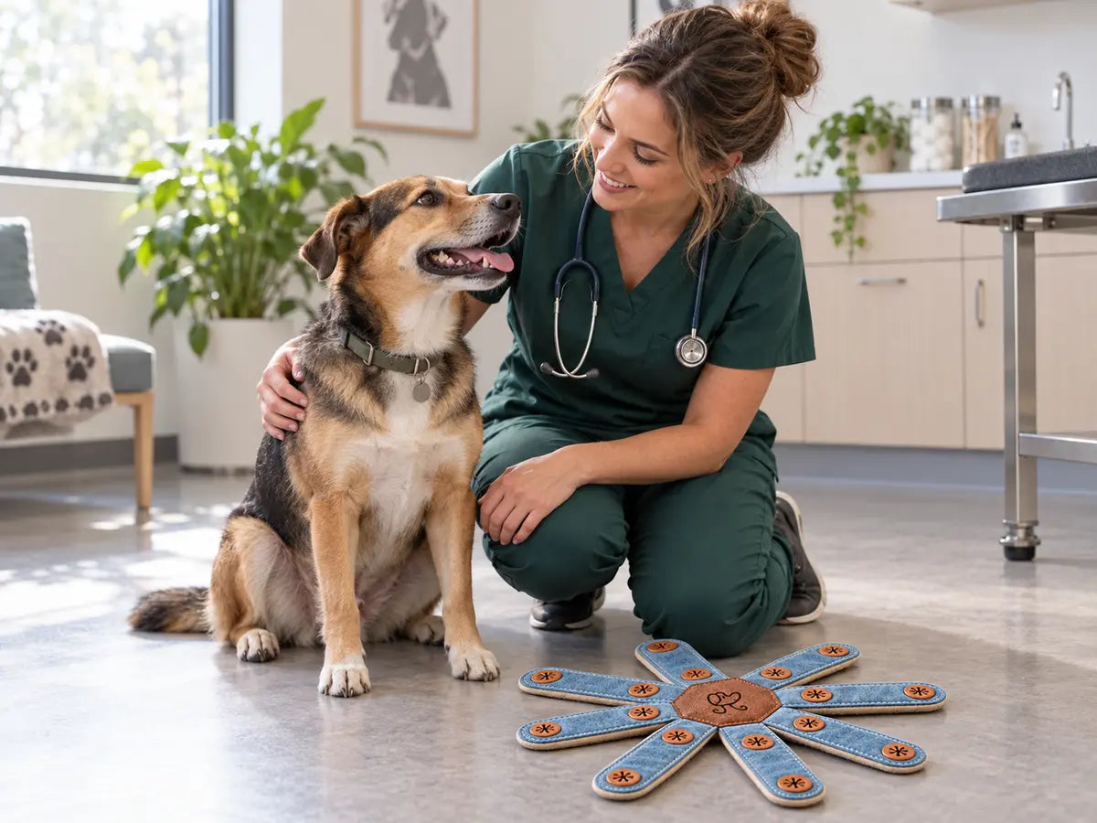 Veterinarian in green scrubs beside a happy dog and the Virelune Dogtopus enrichment toy