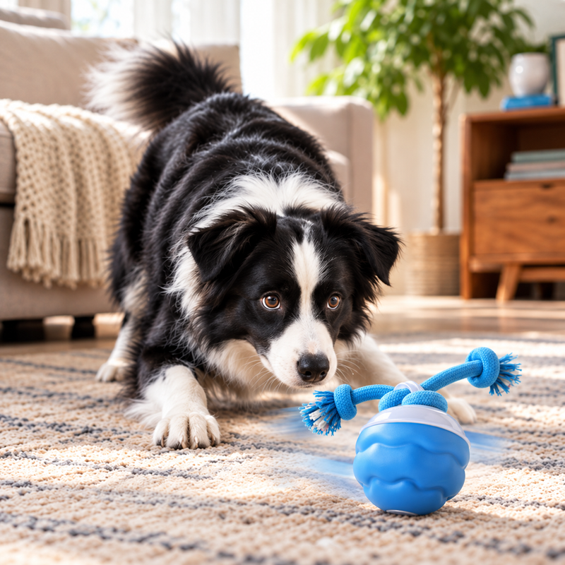 Happy Border Collie beginning to sniff and paw the Dogtopus treat puzzle beside its owner